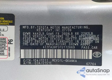 2007 Toyota Camry Solara Sport z USA, uszkodzony, nr VIN 4T1FA38P37U112669